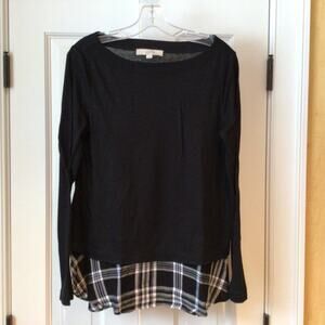 Loft Black/Plaid Long Sleeve Top Sz M